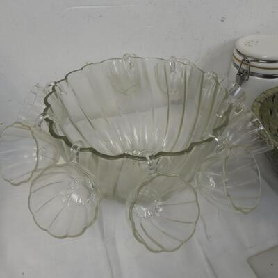 8+ pc Kitchen Lot: Springform Pans, Punch Bowl With 9 Glasses, Ceramic Jar