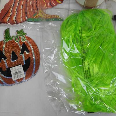 Halloween Lot: Wigs, Skeleton Decor, Masks, Halloween Signs