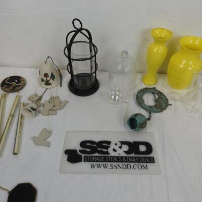 9 pc Decor: 2 Yellow Vases, Wind Chimes, Ceramic Bell, Glass Teapot, Metal Bell