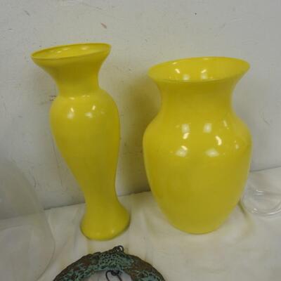 9 pc Decor: 2 Yellow Vases, Wind Chimes, Ceramic Bell, Glass Teapot, Metal Bell