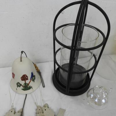 9 pc Decor: 2 Yellow Vases, Wind Chimes, Ceramic Bell, Glass Teapot, Metal Bell
