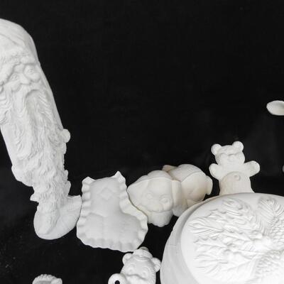 Ceramic Christmas Lot: Mostly Greenware/Not fired yet, Bears, Santa, and Big Dog