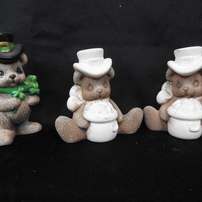 6 Saint Patricks Day Ceramic Bears, Some Partially Painted, Lucky Charms