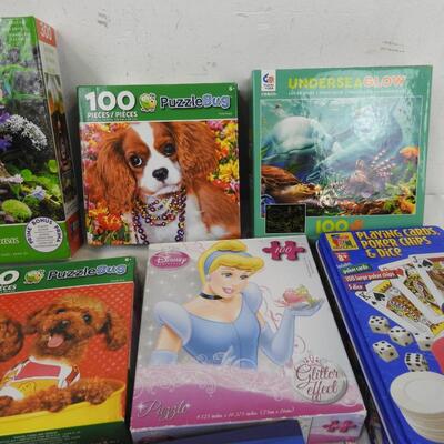 9 pc Puzzle and Game Lot: Taboo, Penguin Race, Grand Canyon Matching Game, etc