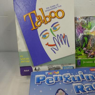 9 pc Puzzle and Game Lot: Taboo, Penguin Race, Grand Canyon Matching Game, etc