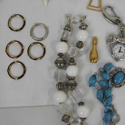 27 pc Costume Jewelry, Earrings, Watch Faces, Horse Watch, Necklaces
