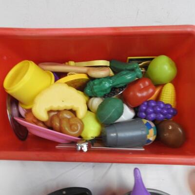 Kid Pretend Kitchen Lot: Pots and Pans, Food, Menus, Griddle, Red Bin, Fun!