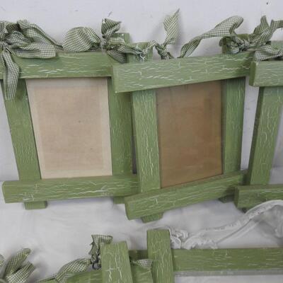 7 Green Wooden Frames w/ Green Ribbon, One Missing Glass Pane, 6 Medium, 1 Large