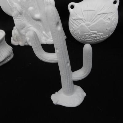 White Ceramics Ready to Paint: Desert Theme with Cow Head, Cactus, Indian Ruins