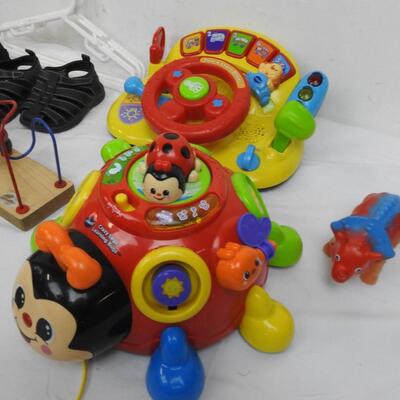 13 pc Baby Toys, Shoes, Musical Instruments, Vtech, Dinosaurs, Small Hangers