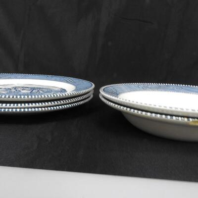 3 Blue Class Cottage Plates, 2 Blue and White Glass Bowls, Courier and Ives