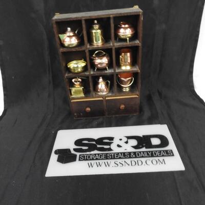 Small Wooden Cabinet with 9 Small Brass Cups, 2 Drawers, DÃ©cor