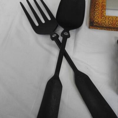 Home Decor Lot: Cast Iron Large Fork and Spoon, 5 Frames, Bottle, Brass Mugs