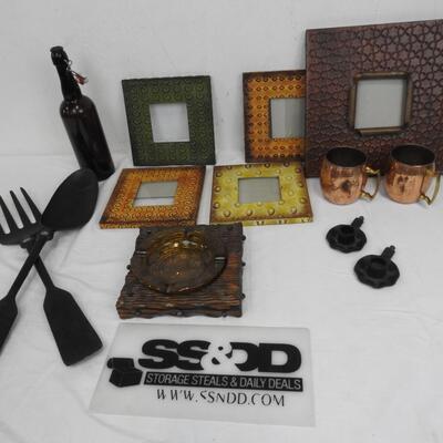Home Decor Lot: Cast Iron Large Fork and Spoon, 5 Frames, Bottle, Brass Mugs