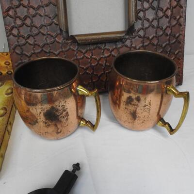 Home Decor Lot: Cast Iron Large Fork and Spoon, 5 Frames, Bottle, Brass Mugs