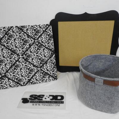 1 Gray Fabric Trash Can, Black Floral Canvas Art, Black Frame/Board