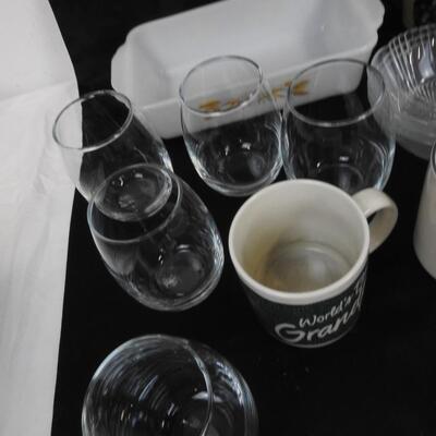 Decorative Kitchen Lot: Wood Utensils, Mugs, Salt & Pepper Shakers, 5 Glass Cups