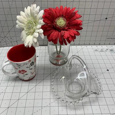 #47 Floral Coffee Mug, Vase with Flowers, and Glass Basket.