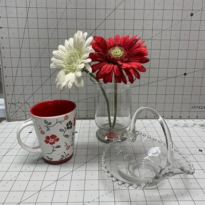 #47 Floral Coffee Mug, Vase with Flowers, and Glass Basket.