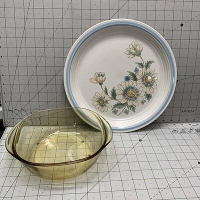 #79 Floral Plate & Yellow Baking Glass