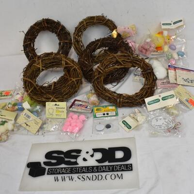 Easter Decor: 6 Grapevine Small Wreaths, Small Figurines: Bunnies, Crafts - New