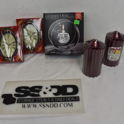 2 Regency Burgundy Candles, 2 Antigue Finished Clocks, Geometric Oil Candle