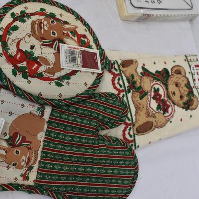 Christmas Napkins, Paper Cups, 3 Paper Plate Stacks, Hot Pads, Hand Towel - New