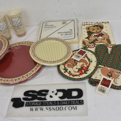 Christmas Napkins, Paper Cups, 3 Paper Plate Stacks, Hot Pads, Hand Towel - New