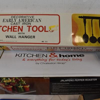 Kitchen Decor: Cast Iron Wall Hanger, Pepper Roaster, Wood Utensils - New