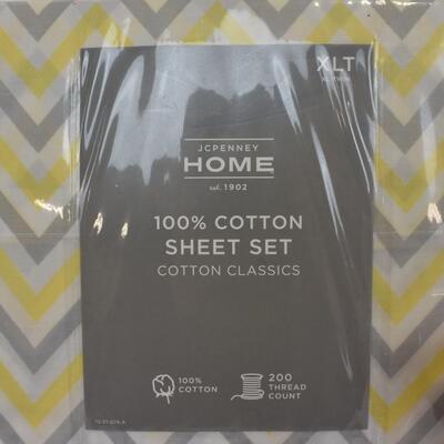 JCPenney Home XL Twin Yellow/Gray Cotton Sheet Set, King Size White Sham - New
