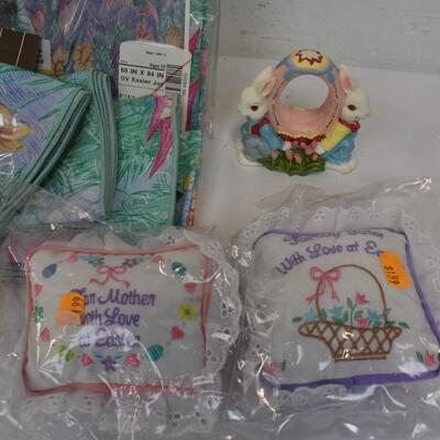 Easter Theme Decor: Tablecloth, Linen Napkins, Small Embroidered Pillows - New
