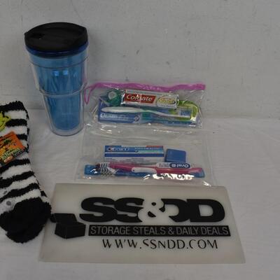 8 pc Personal Care Lot: Water Mug, Socks, Toothbrushes, Toothpaste, Floss - New