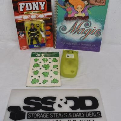 4 pc Kids Lot: FDNY Action Figure, Fairy Notebook, Stickers, Cat Cards- New