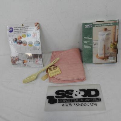 4 pc Kitchen: Appliance Cover, Decorating Stand, Paper Towel Holder, Spoon - New
