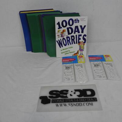 Assorted Green, Purple, and Blue Folders, Birthday Bookmarks, Kid Book - New