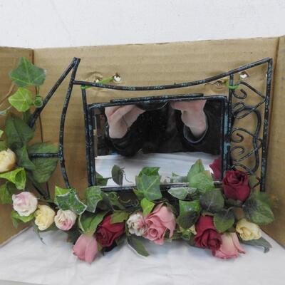 Wire & Floral Table Top Mirror - Rose Floral Design - New