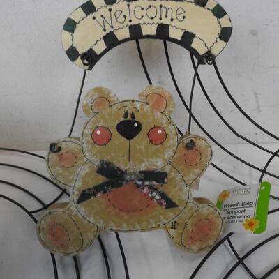 Home Decor Lot: 3 Wreath Rings, Basket, Welcome Bear Sign, Ribbon, Glitter - New
