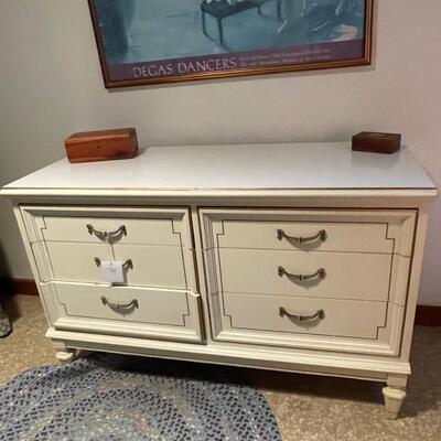 White bureau, desk with hutch and full size bed