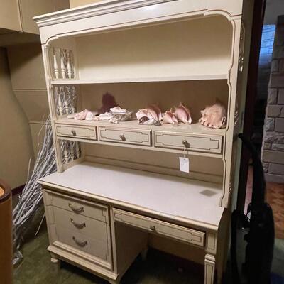 White bureau, desk with hutch and full size bed