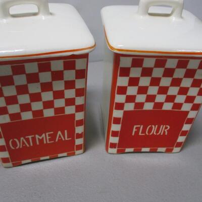 Czechoslovakia Canister Set Vintage Four Piece  Porcelain Canister Red & White Checkered Pattern