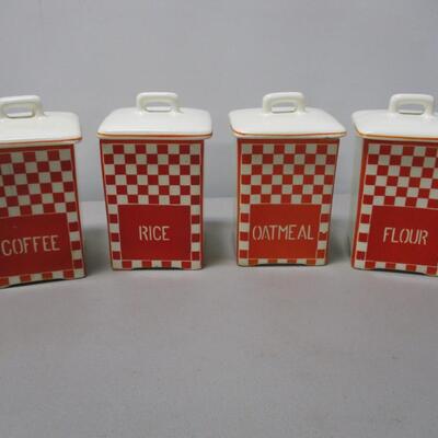 Czechoslovakia Canister Set Vintage Four Piece  Porcelain Canister Red & White Checkered Pattern
