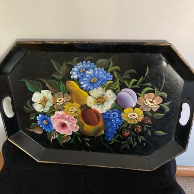 Large Antique Hand Painted Toleware Tray 22â€ x 16â€