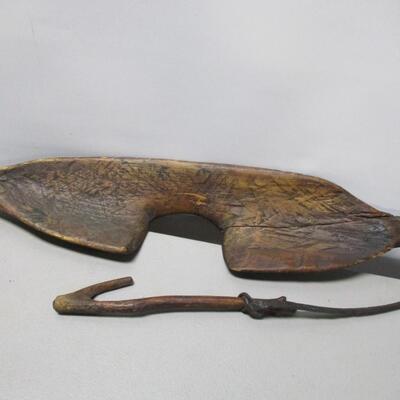 Early Carved Vermont Maple Sap Yoke with Rare Carved Wood Hook