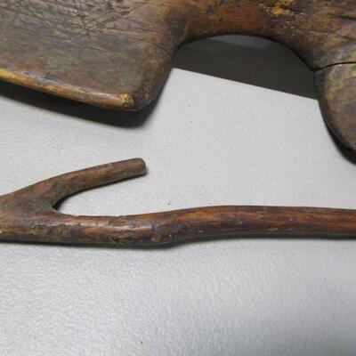 Early Carved Vermont Maple Sap Yoke with Rare Carved Wood Hook