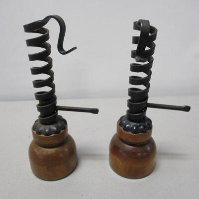 Pair Of Courting Candle Stick Holders - Wood Base Primitive