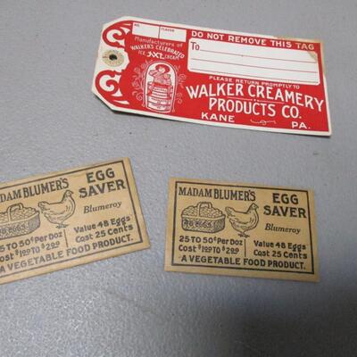 Walker Creamery Advertising Tag & Madam Blumer Egg saver