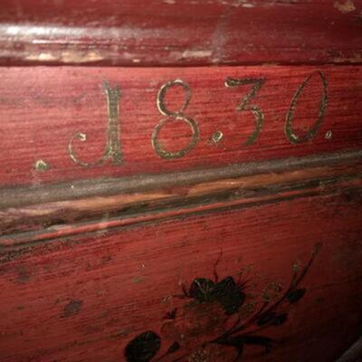 Rare! 19th Century 1820's Bride's Dower Chest Storage Chest with Wrought Iron Hinges Ox Blood Paint Hand Painted Panels