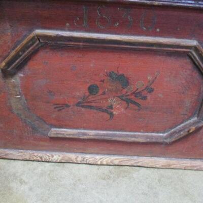 Rare! 19th Century 1820's Bride's Dower Chest Storage Chest with Wrought Iron Hinges Ox Blood Paint Hand Painted Panels