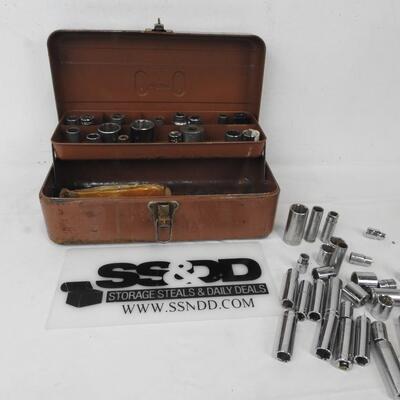 1951 Wizard Tool Box filled with 50 newer Craftsman and Cresent Sockets only.