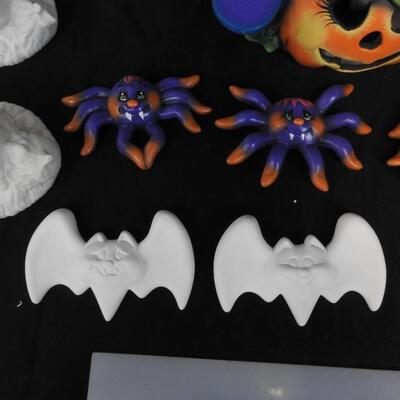 12 pc Ceramics, Fired, Some Ready To Paint, Halloween, Spiders, Pumpkins